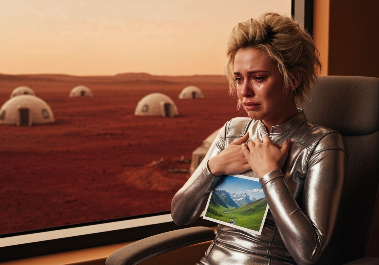 Homesick Woman on Mars in Futuristic Room