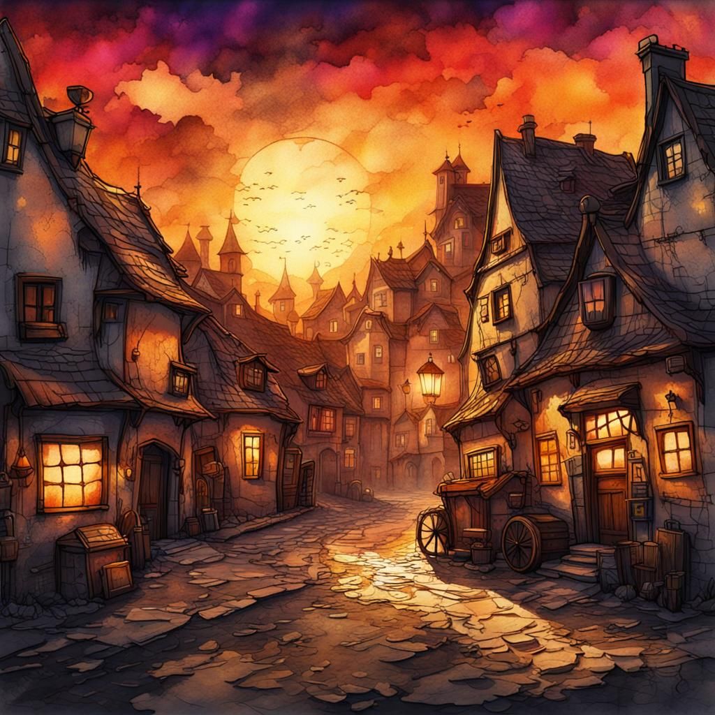 Steampunk Village Sunset in Ink Painting Style