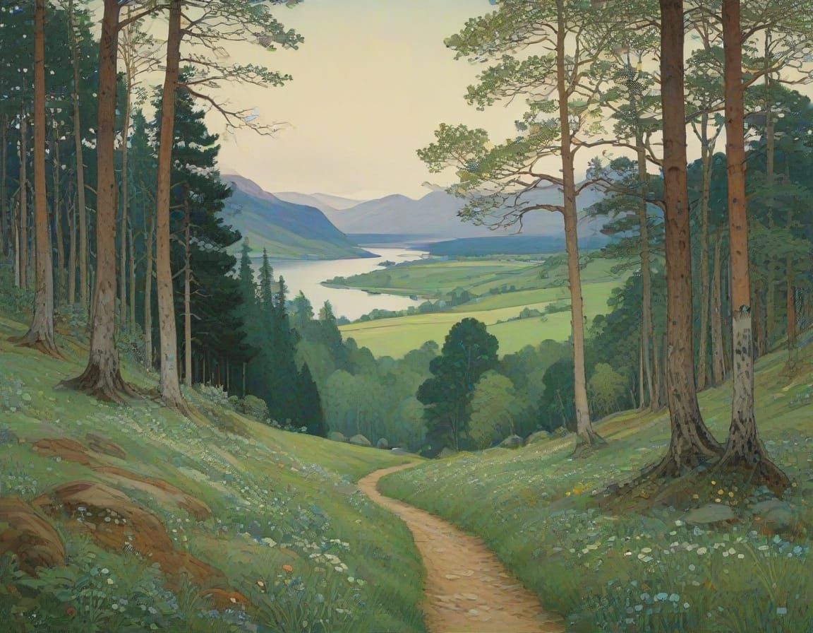 Whimsical Nordic Landscape in Dreamlike Watercolor Style