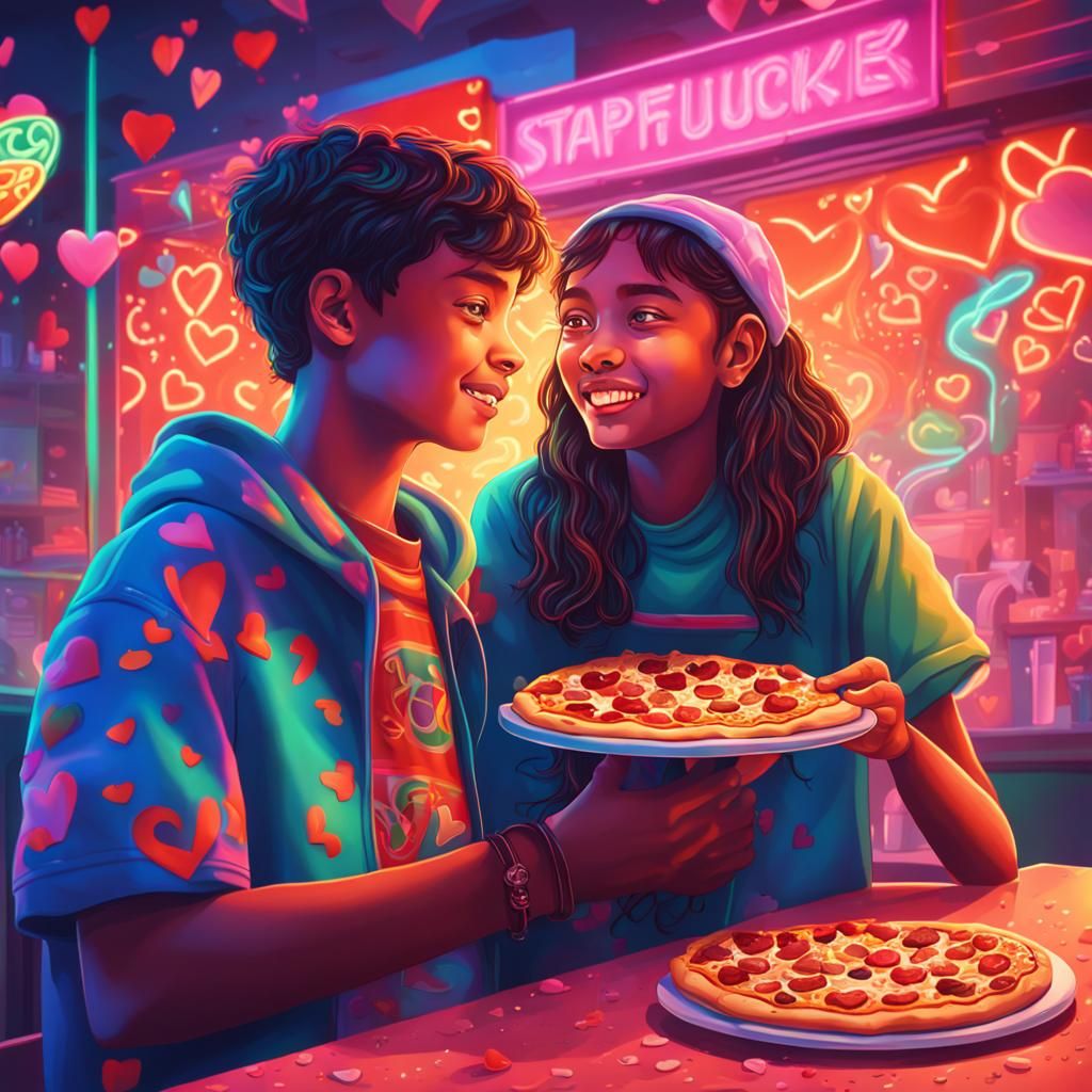 Boy Offers Pizza and Starbucks in Neon Style