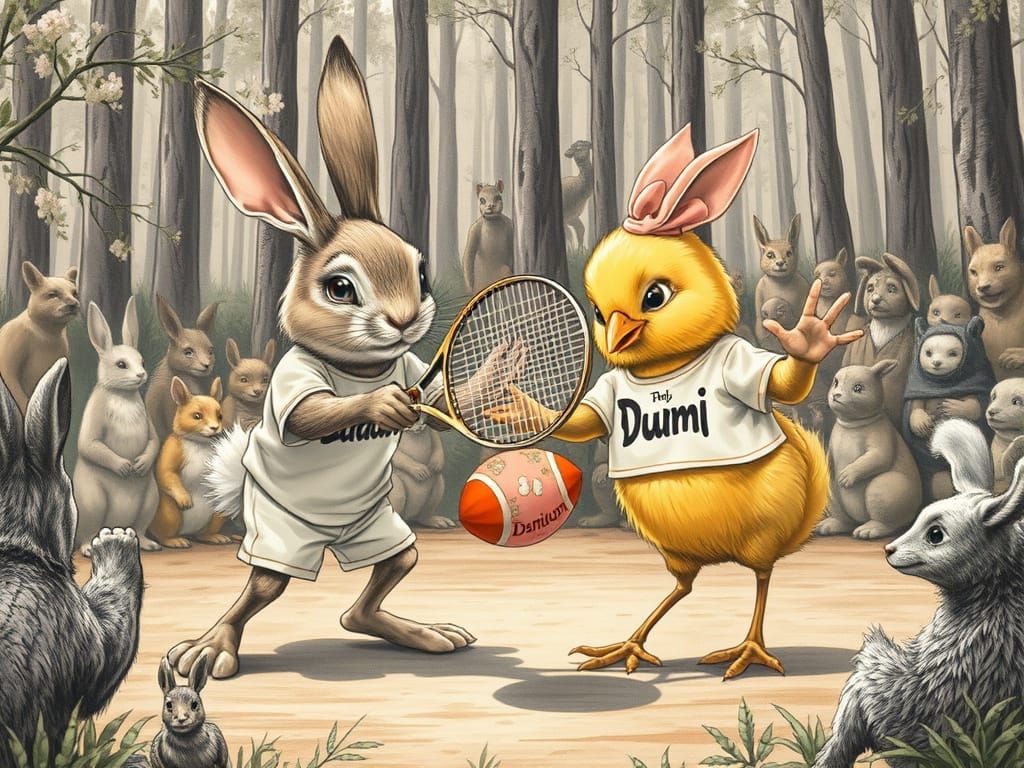 Bunny and Chick Tennis Match in Forest Arena