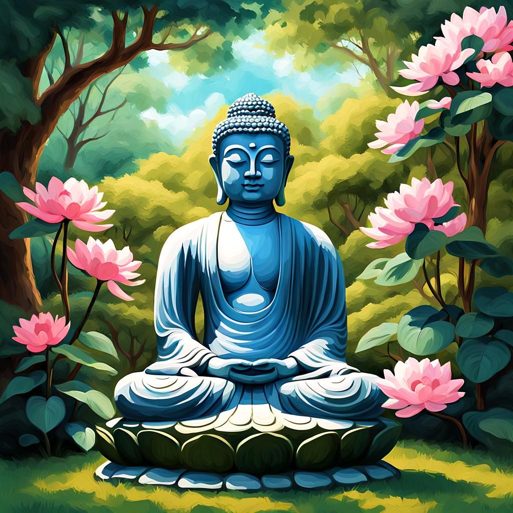 Buddha Meditating Peacefully in Lush Garden: Digital Art