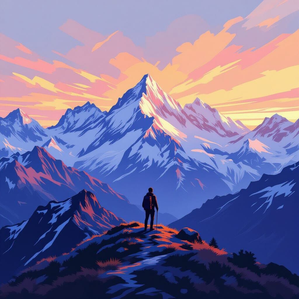 Lone Hiker in Swiss Alps at Golden Hour