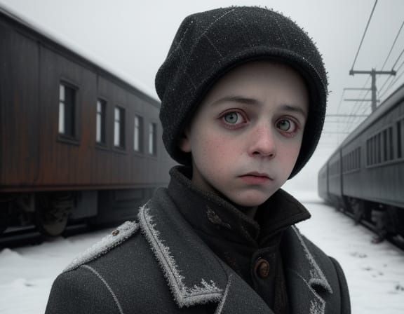 Eerie Child Beside Vintage Train in Winter