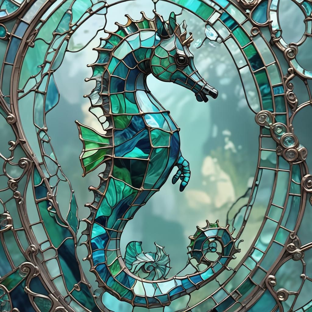 Stained Glass Seahorse in 3D Anime Style