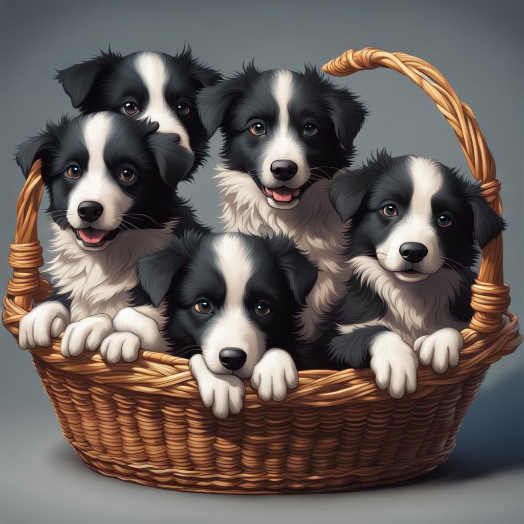 Cute Border Collie Puppies in Basket, Detailed Art