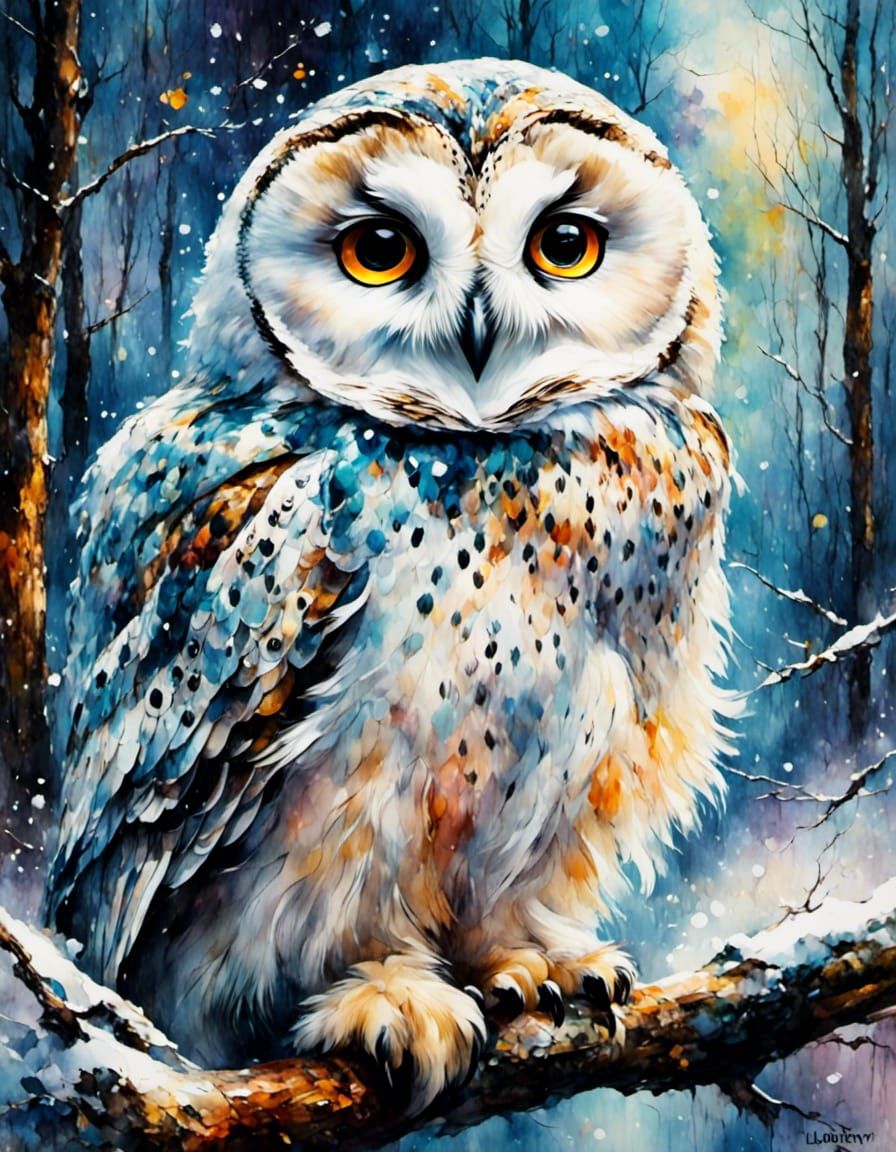 Colorful Baby Snow Owl Impressionist Painting