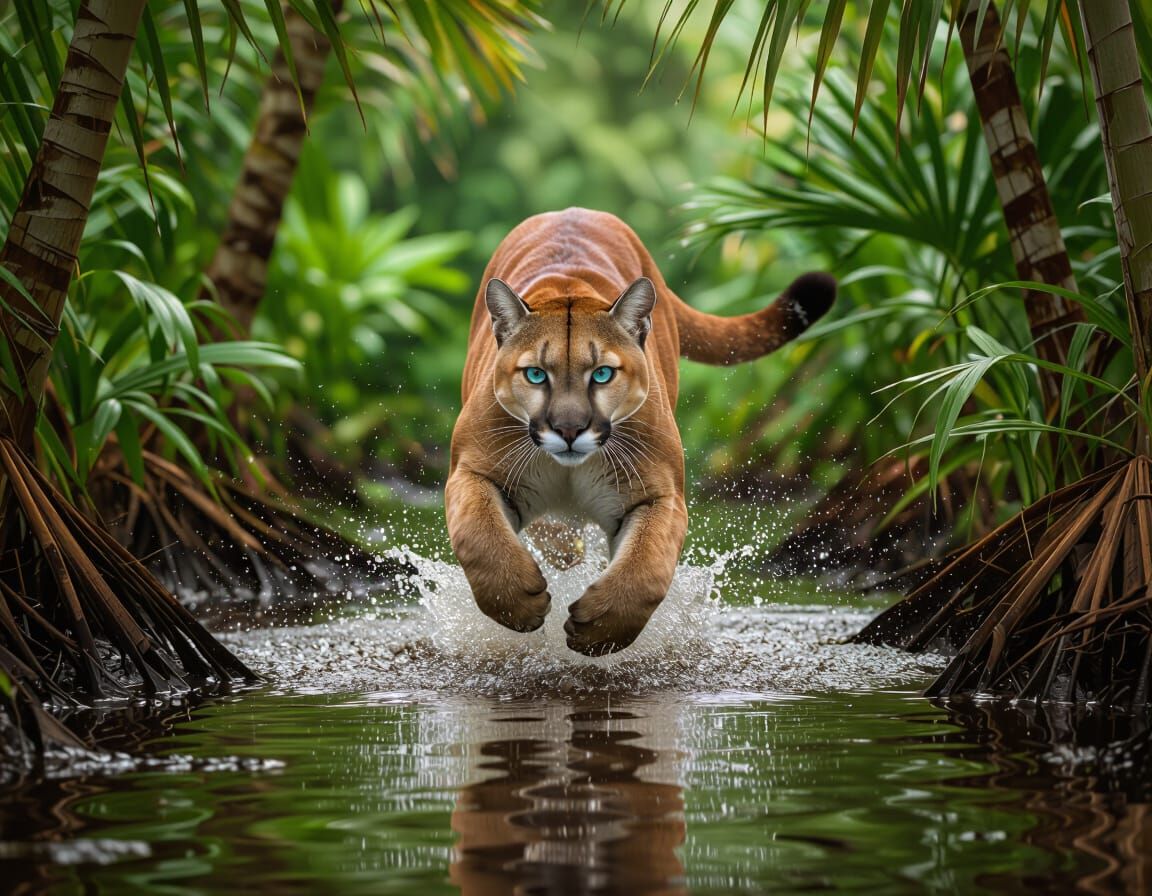 Cougar Leaping Across a Tropical Swamp