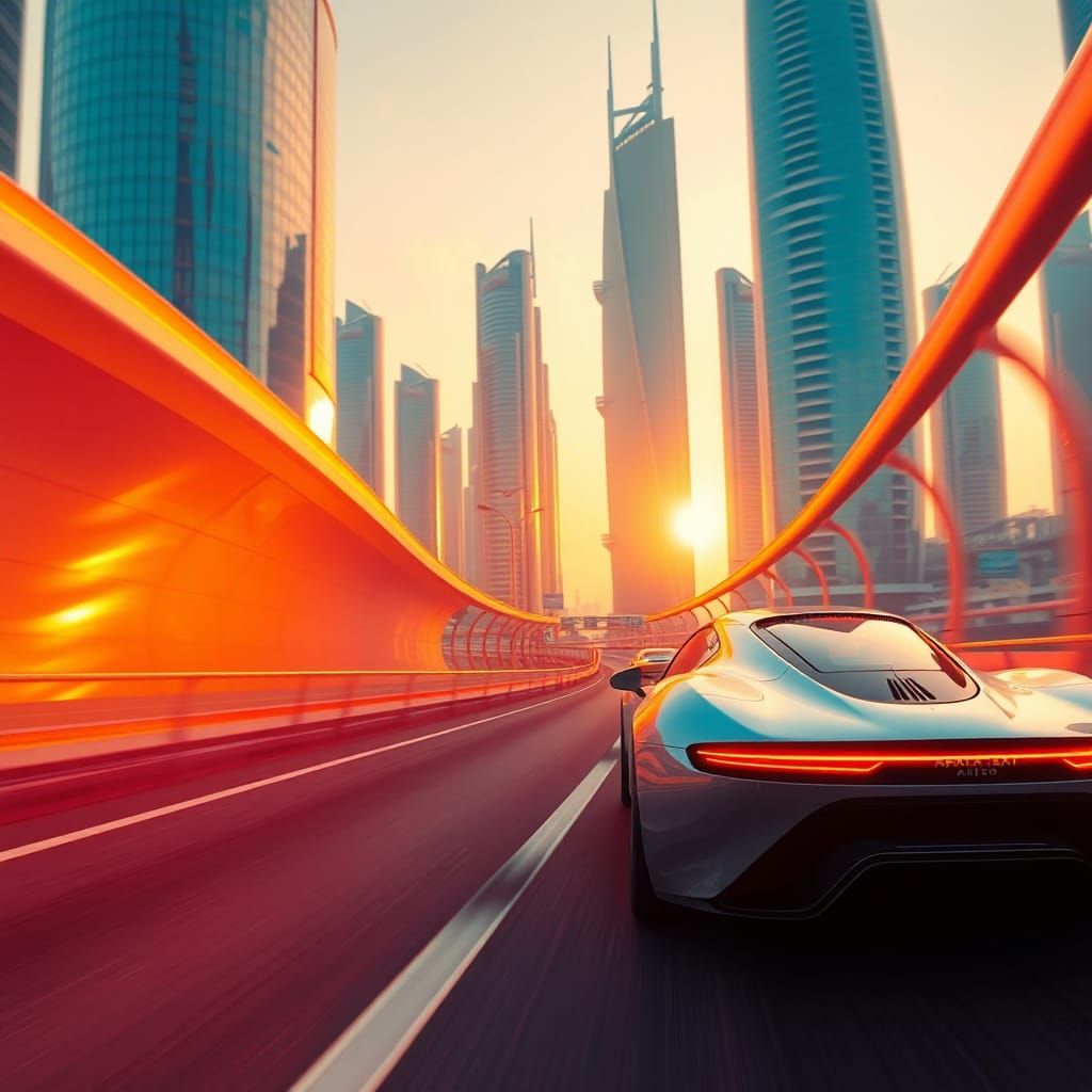 Futuristic Car Speeds Through Abu Dhabi in Neon Glow