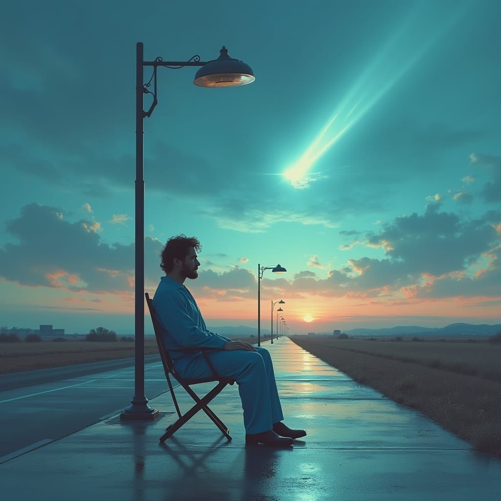 Man Under Lamp Post in Melancholy Sky