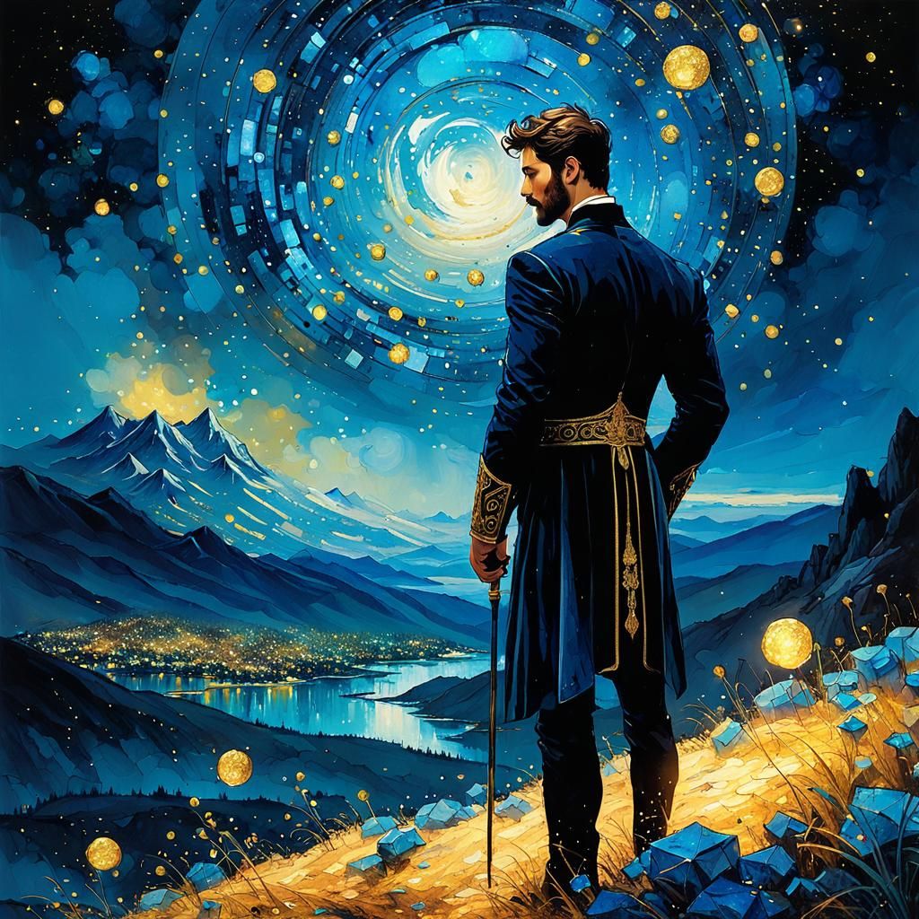 Sapphire Prince in Cosmic Dreamscape, Watercolor Style