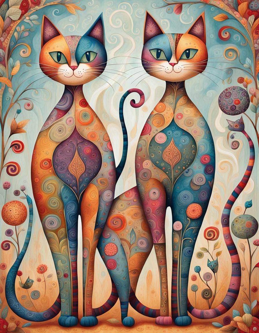 Whimsical Abstract Cats with Intricate Textile Patterns