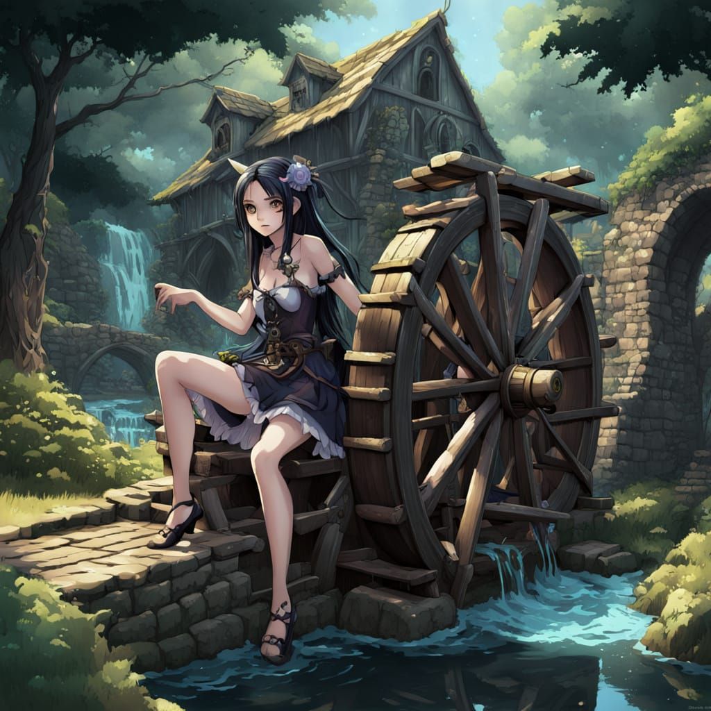 Gothic Fairies Dance Around a Majestic Waterwheel