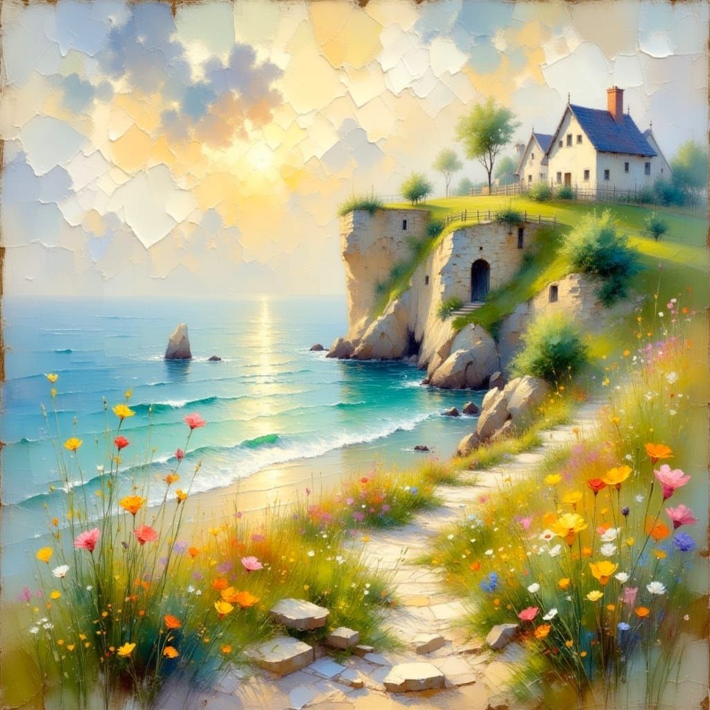 Dreamy Coastal Landscape at Sunset in Impressionist Style
