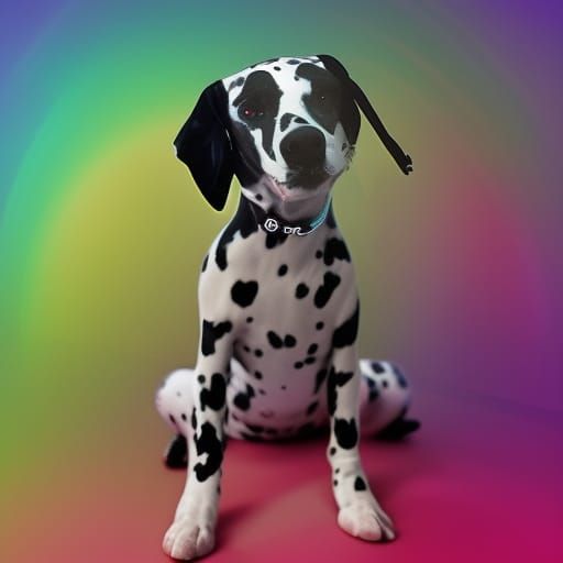 Adorable Dalmatian dog with cool vibes& shimmery rainbow background& magical vibes& fun vibes& friendly vibes