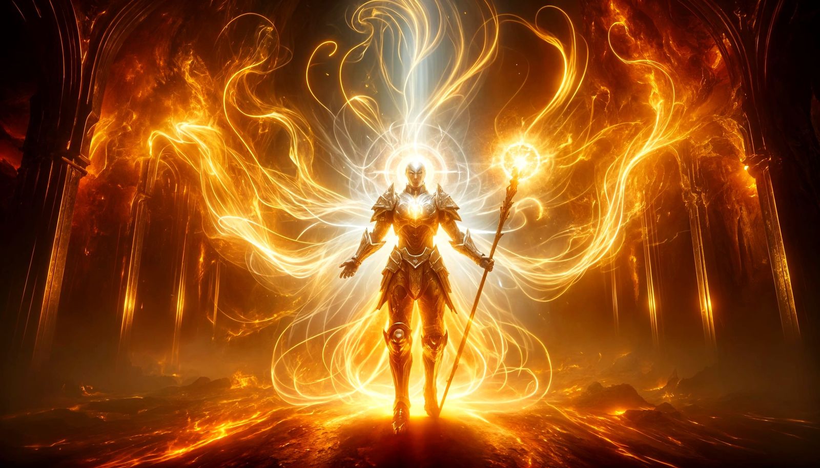 Radiant Armored Figure in a Fiery Cavern