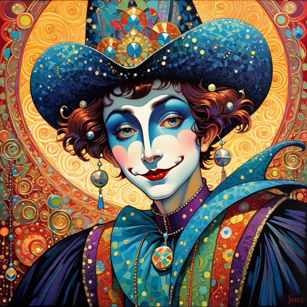 Elaborate Jester in Mixed Media Art Nouveau Style