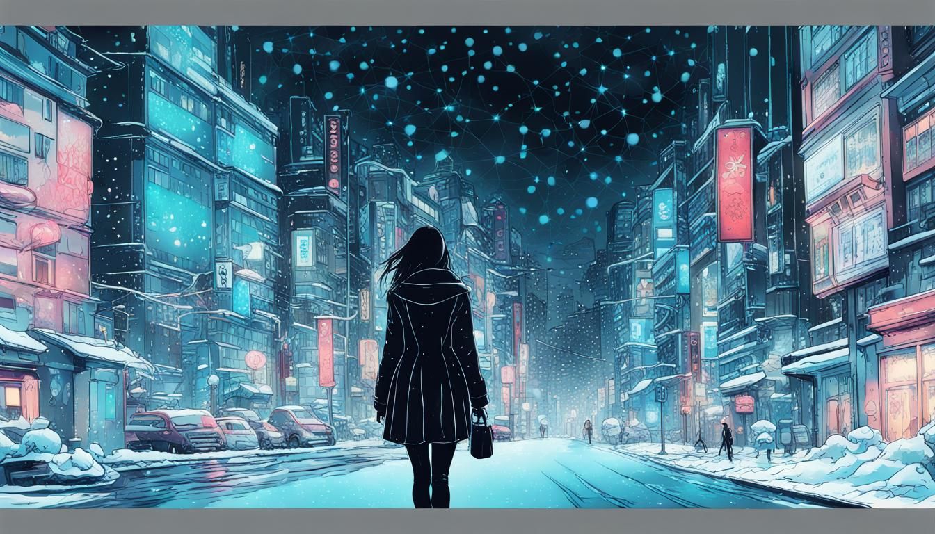 Bioluminescent Tokyo Winter City Line Art