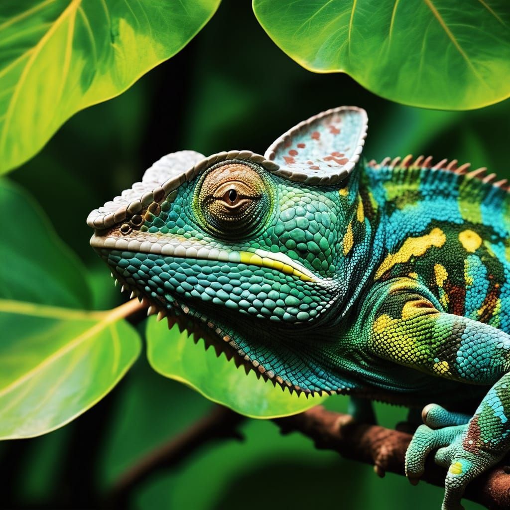 Hyperrealistic Wildlife Art: Chameleon Blending into Tropica...