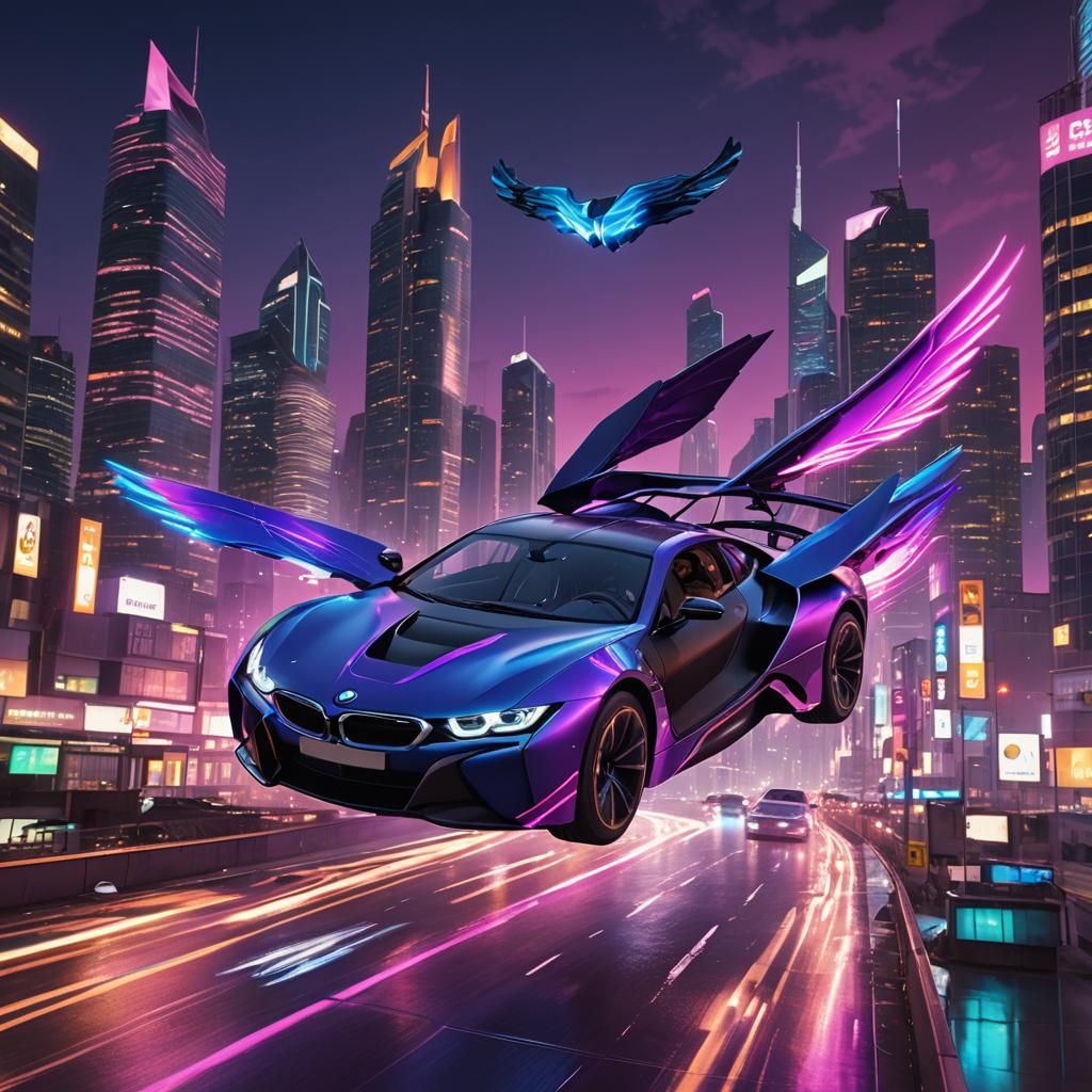 Electric Blue BMW Soars Over Neon Cityscape