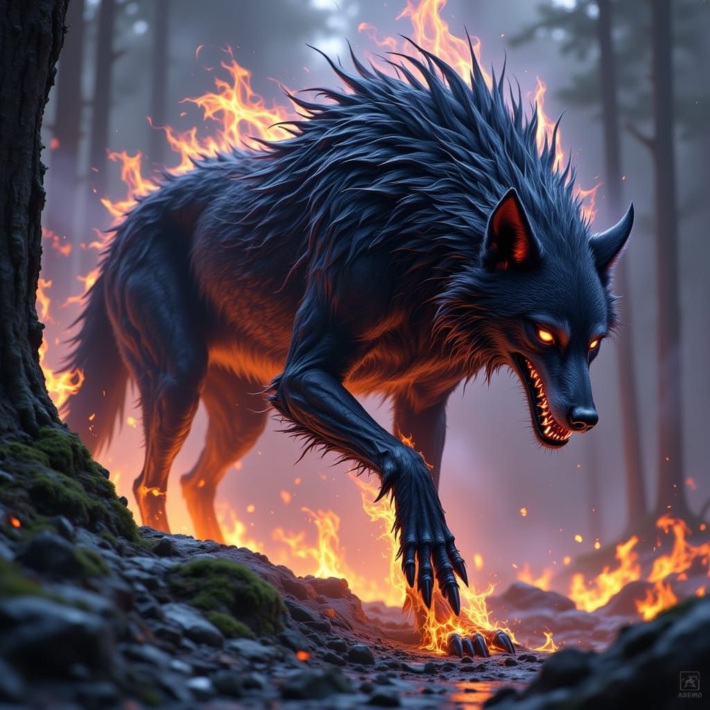 Dark Fantasy Dire Wolf Emerges from Forest in Splendid Hues