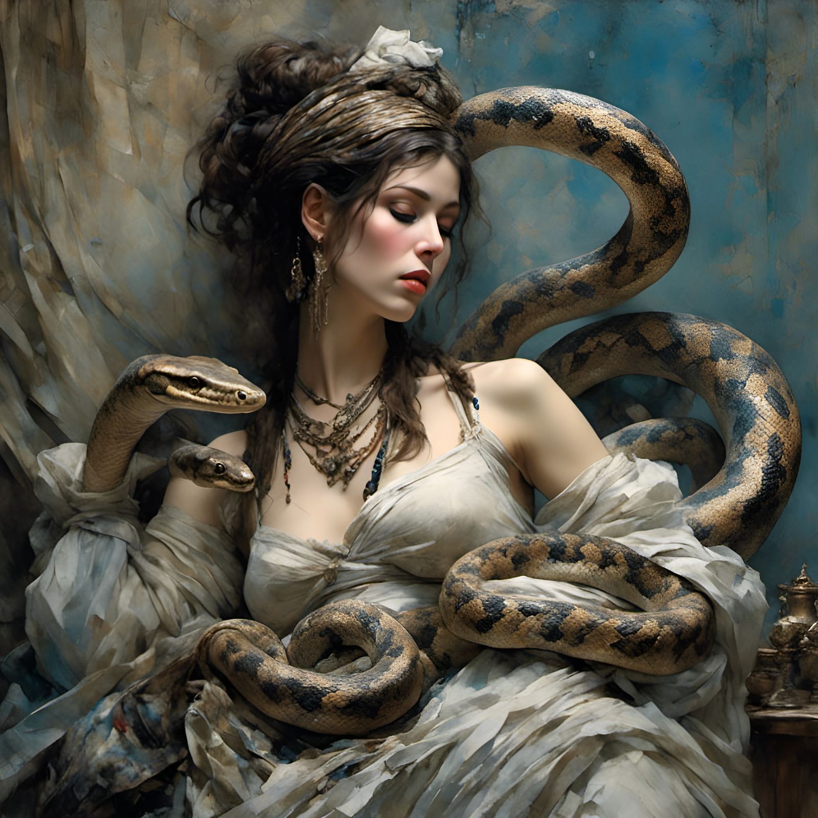 Woman with Snake: Hyperrealistic Detailed Portrait