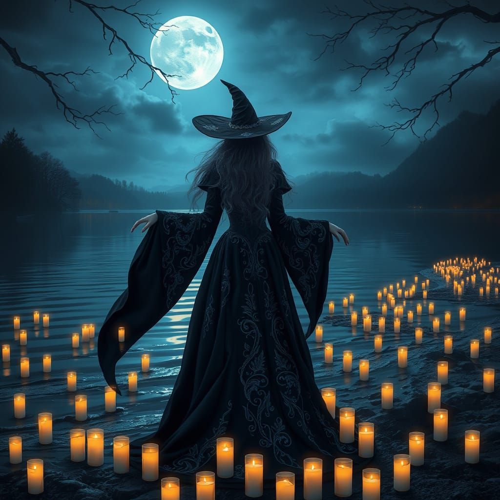 Ethereal Witch Surrounded by Soft Candlelight, Serene Lake