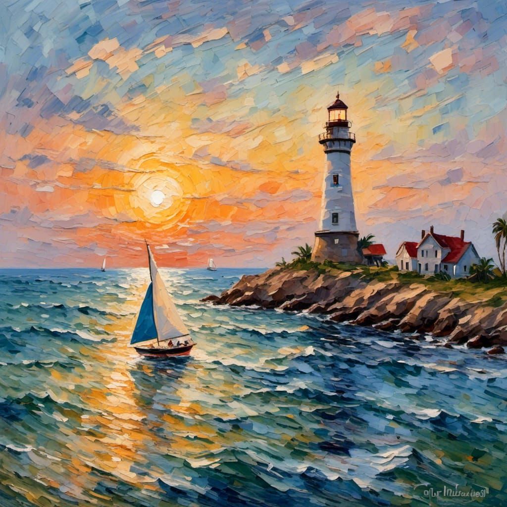Sailboat and Lighthouse at Sunset as Impasto Painting