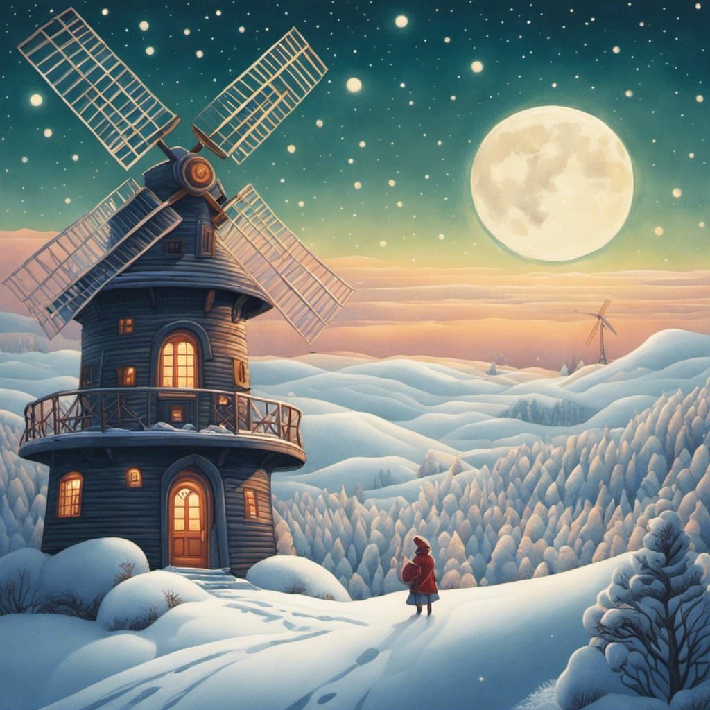 Fairytale Windmill in Snowy Winter Moonscape Illustration