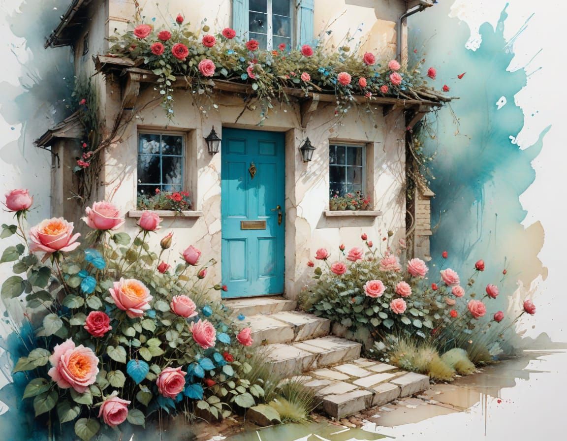 Cottagecore Cottage with Roses in Watercolour Style
