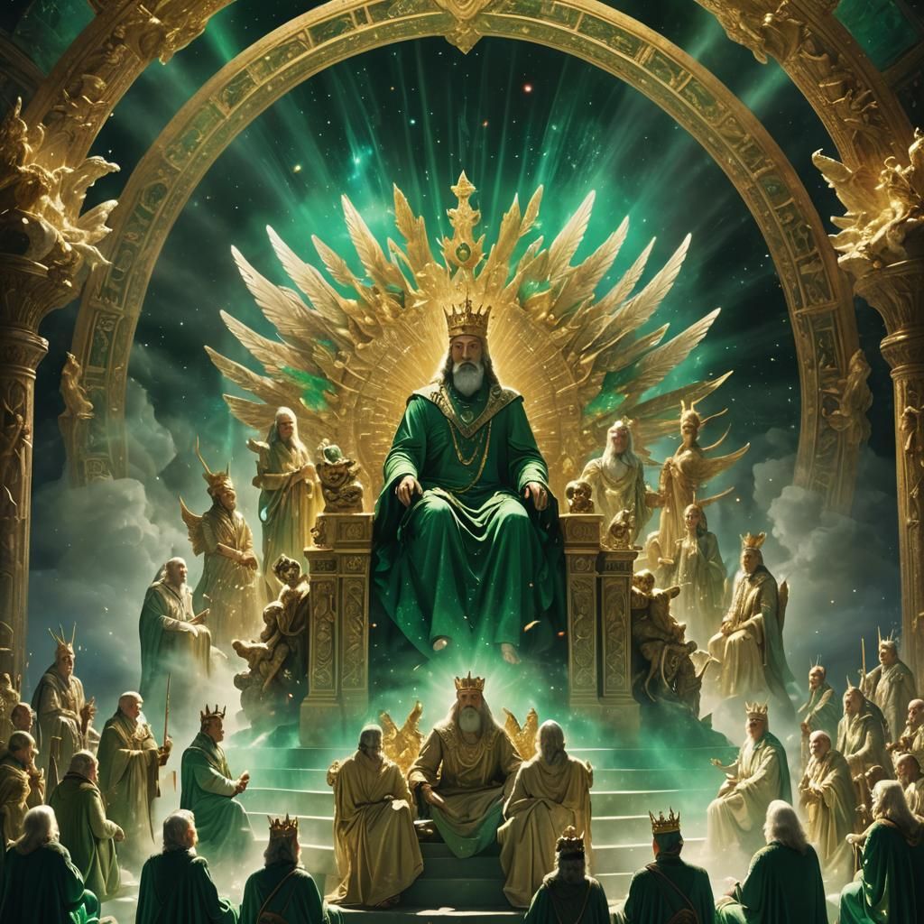 Ethereal Throne in Heaven with Emerald Rainbow Light