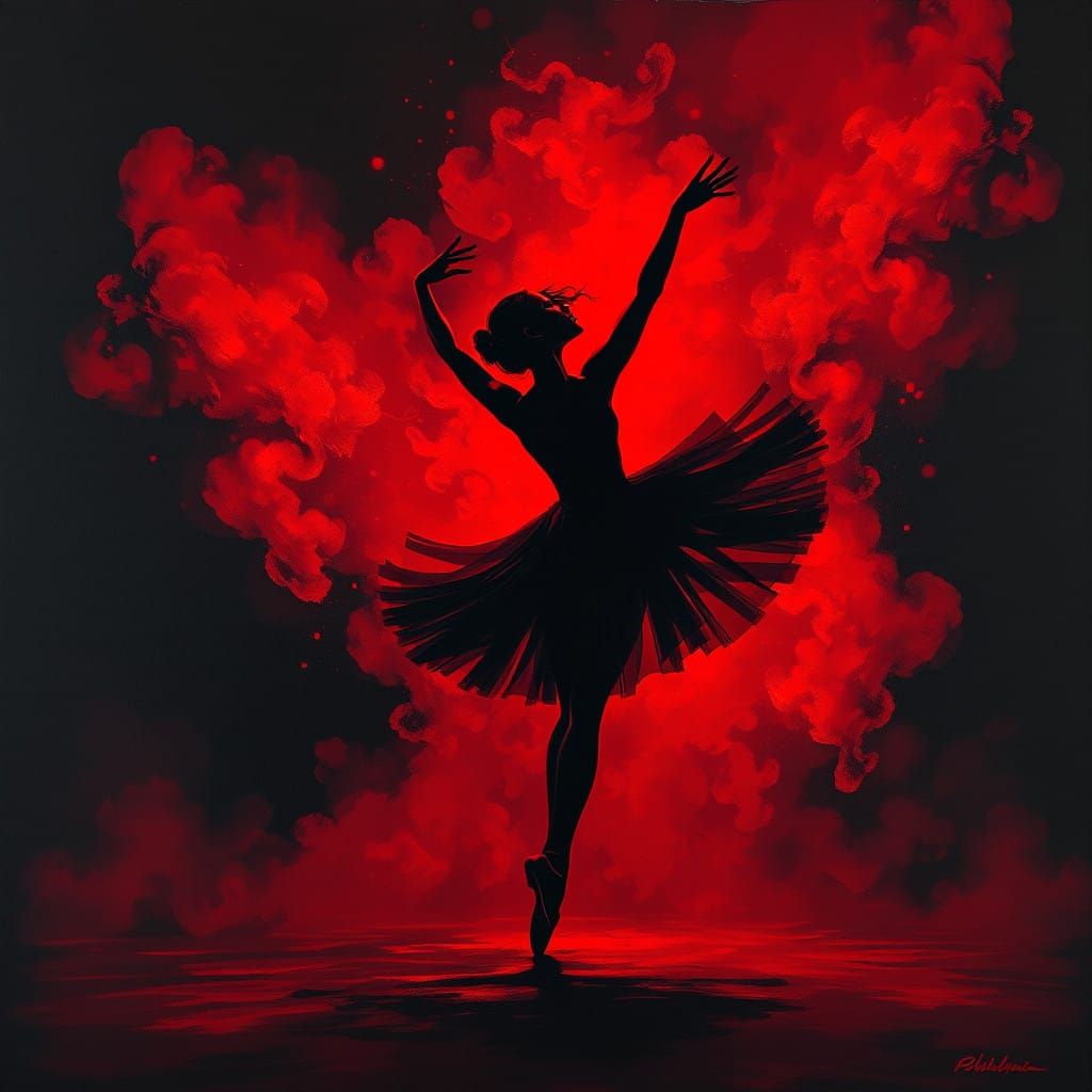 Hyper Realistic Black Ballet Dancer in Vibrant Red Smoke