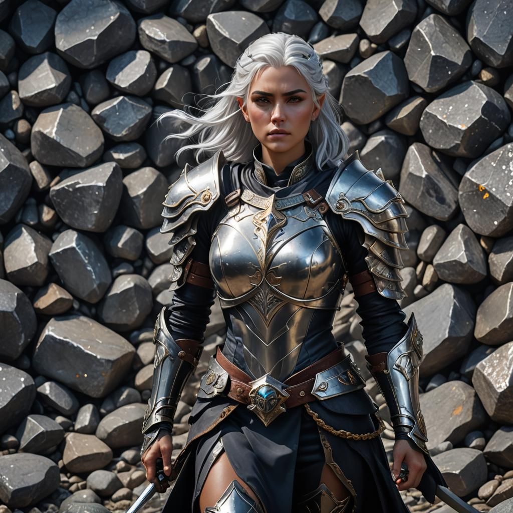 Silver-Haired Warrior Surrounded by Precious Stones