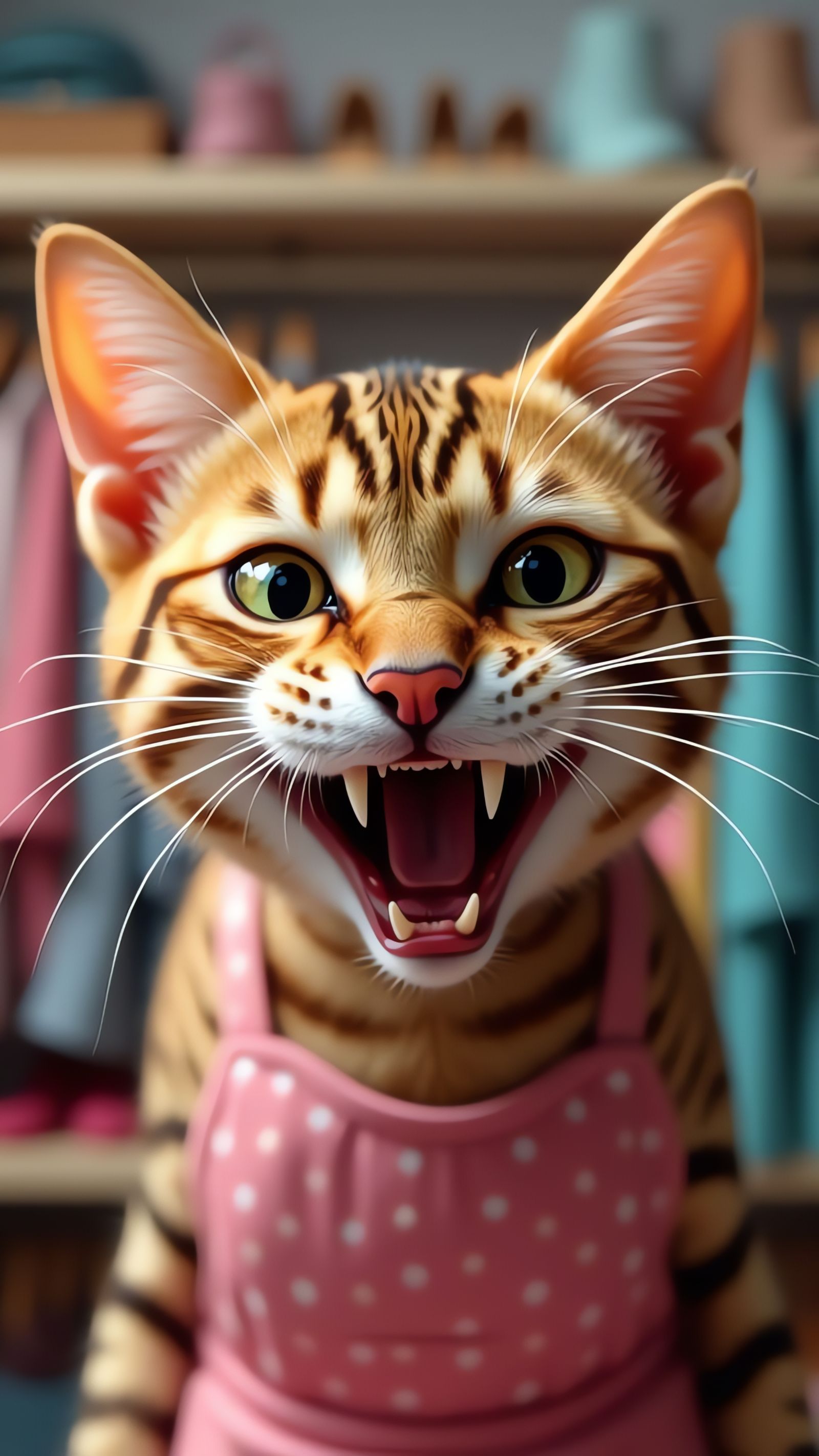 Furious Bengal Cat in Apron: Hyperrealistic Anime Art