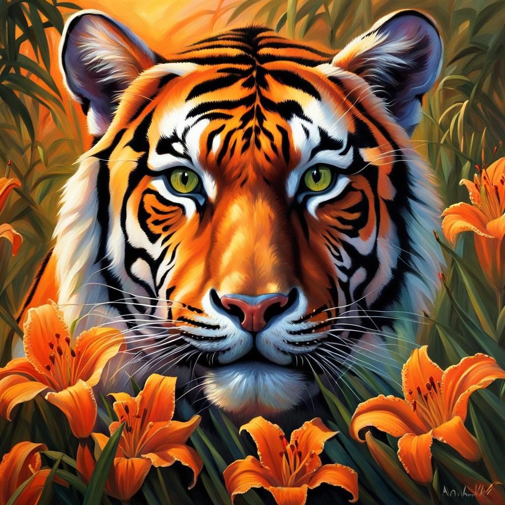 Tiger and Daylilies