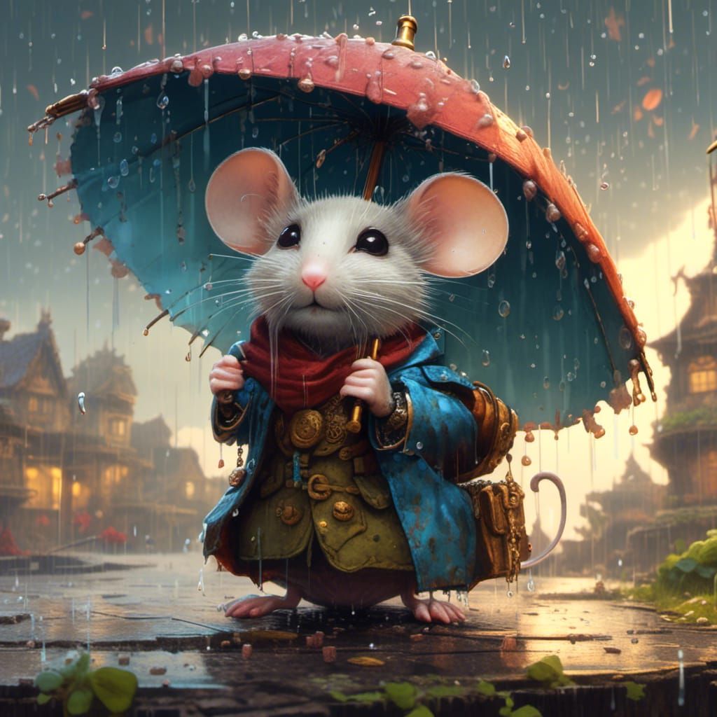 Mouse in Rain: Detailed Illustration on Ancient Scroll