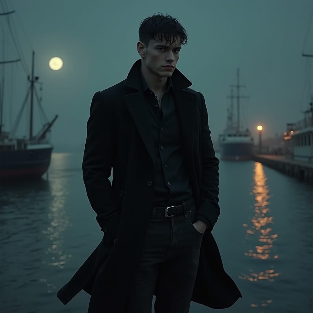 Tall Russian Figure Stands by Harbor at Midnight in Dark, Mo...