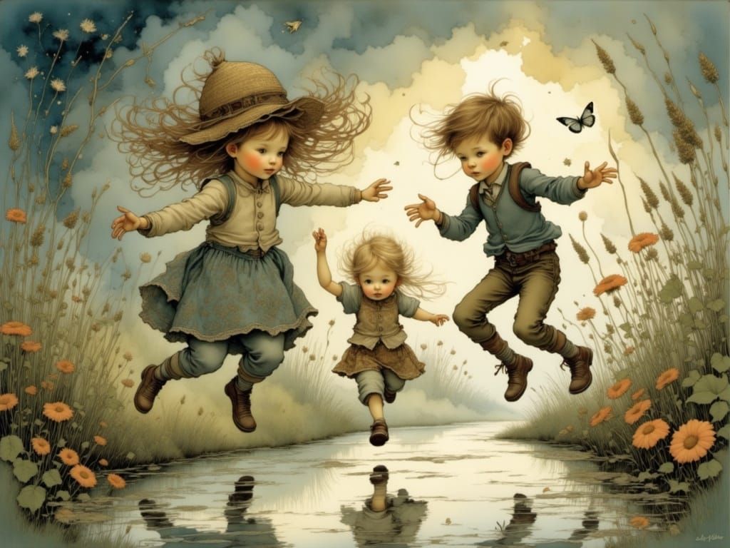 Little Rascals Leap into Evening Puddles in Whimsical Art