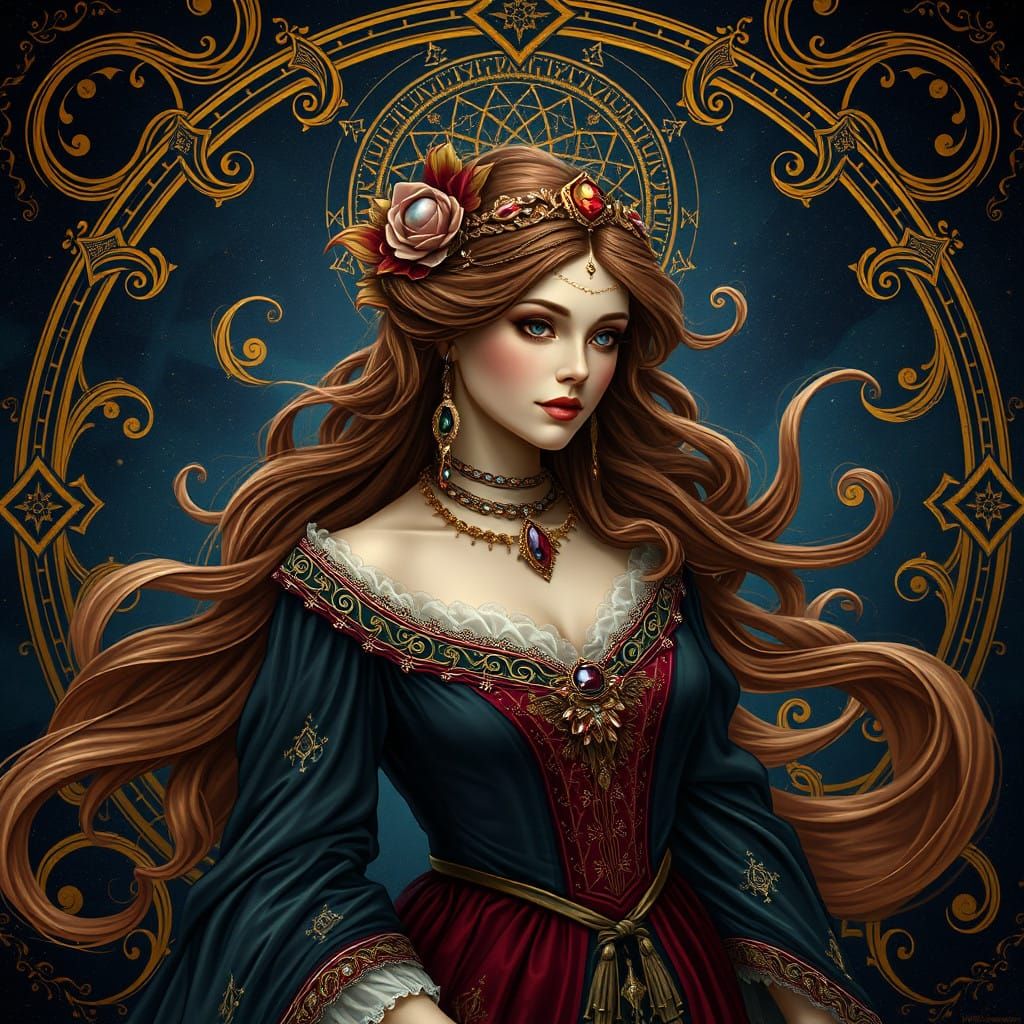 Elegant Astrological Fantasy Maiden in Victorian Attire