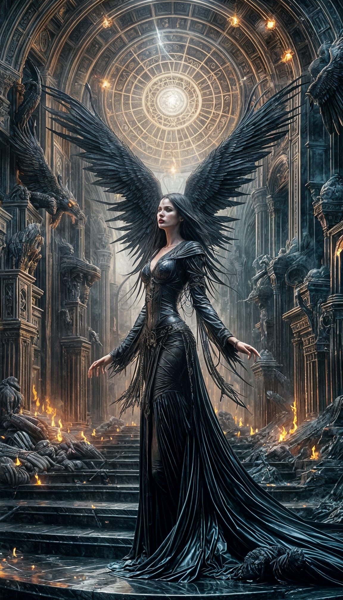 Winged Goth Priestess in Obsidian Temple: Alcohol Ink Art