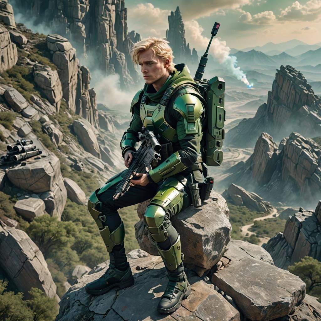 Sci-Fi Warrior on Rocky Outcrop in Golden Light