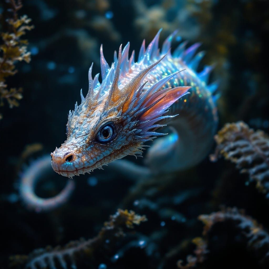 Iridescent Aquatic Dragon Glides Through Kelp Forest