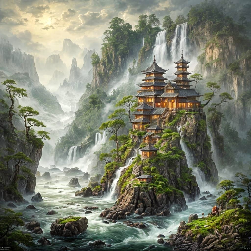 Misty Coastal Bay with Waterfall and Zen Temple