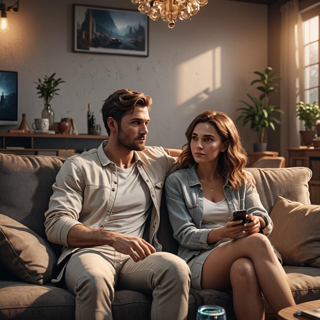 Young Couple Watching TV: 3D Game Cinematic