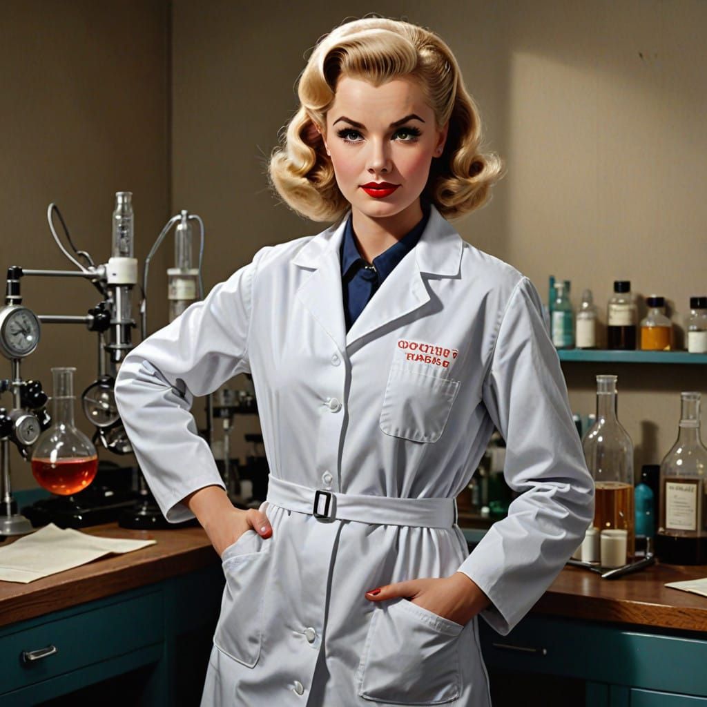 Scientist raunchy pin up shoot  50s blonde in a labcoat