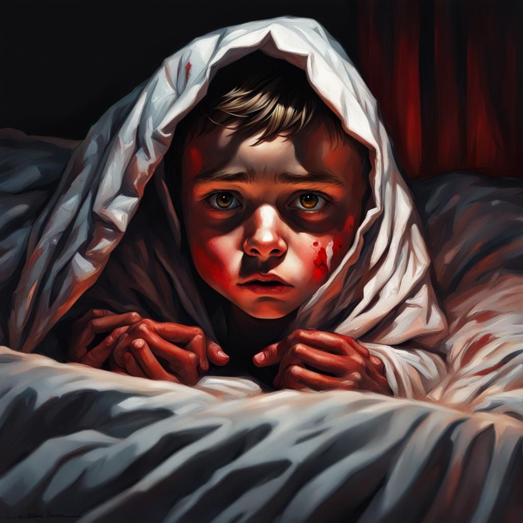 Boy Hiding Under Blanket in Hyperrealistic Splash Art
