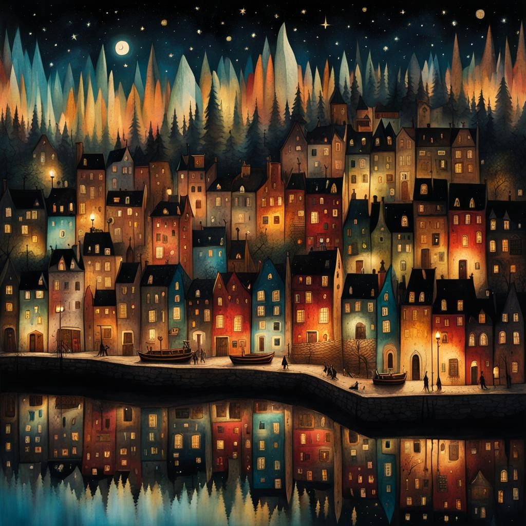 Medieval Port Town Under Starry Sky, Graffiti Art