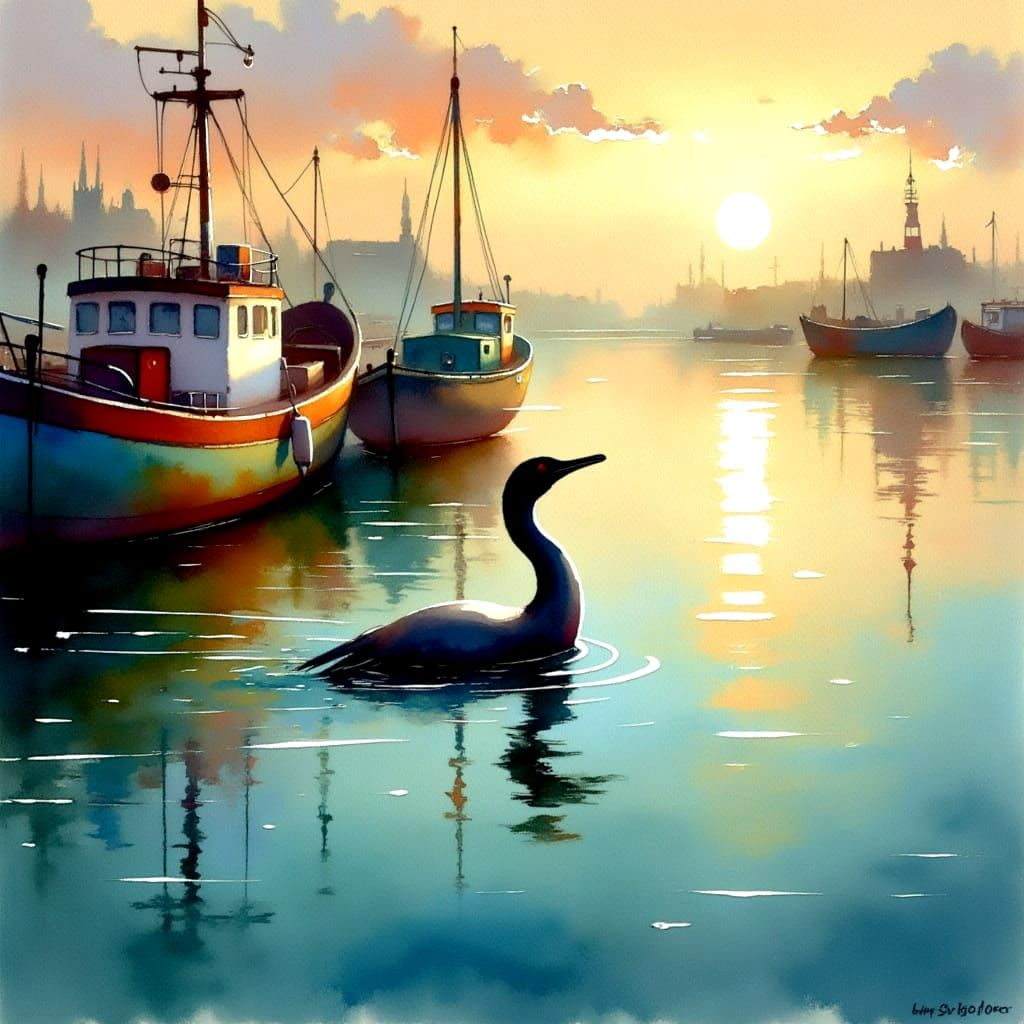 Serenity in the Golden Hour: Cormorant Amongst Fishing Boats