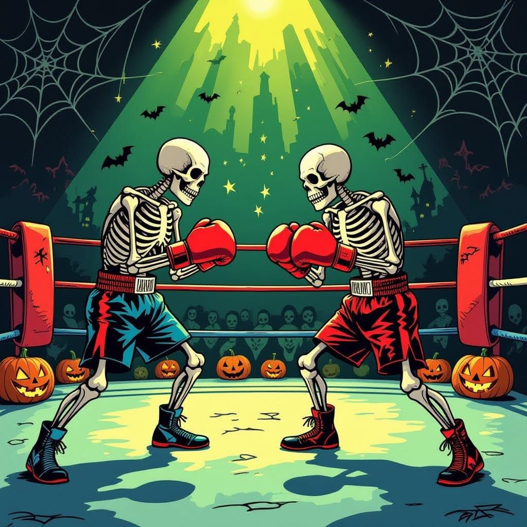 Spooky Halloween Boxing Match with Skeletons and Vampires