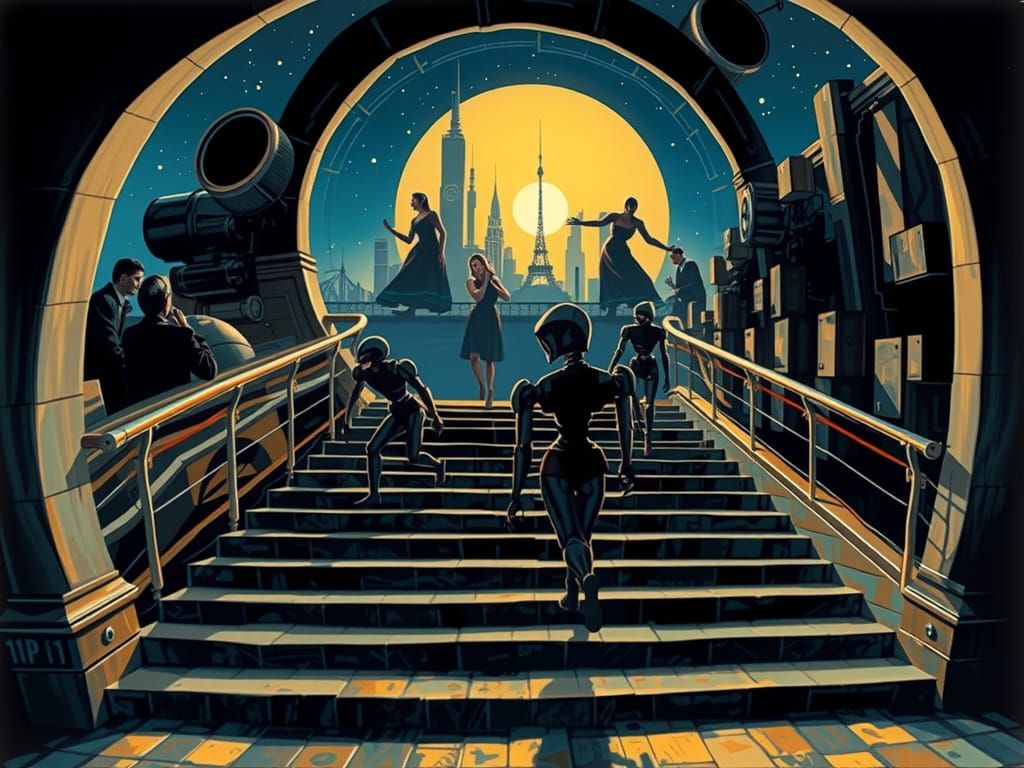 Surreal Stairway to Nowhere in Dystopian Cityscape